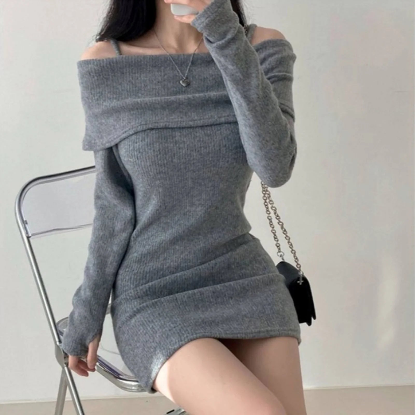 Womens Dresses Spring Fashion Cold Shoulder Lantern Sleeve Casual Plain Long Sleeve Daily Mini Knit Sweater Dress Woman Clothing